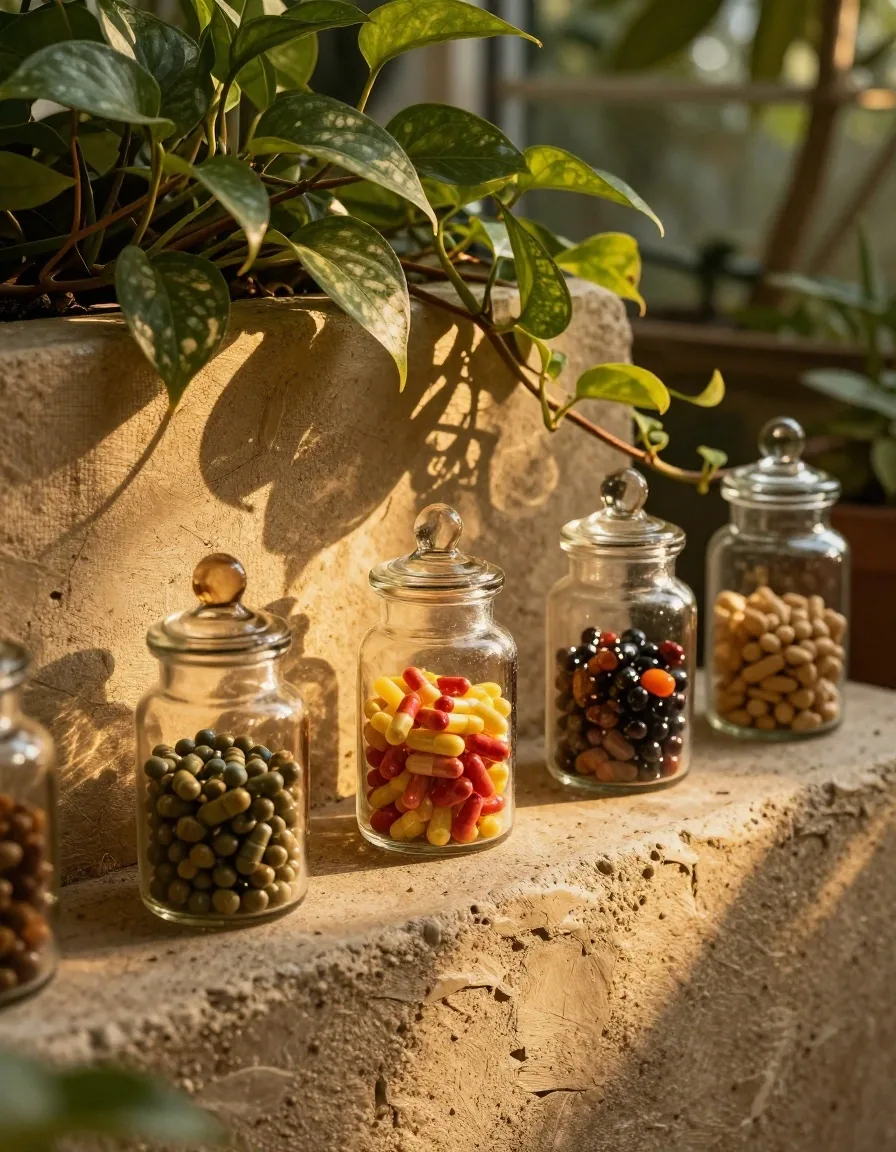 Amber glass jars with colorful capsules on a plaster shelf