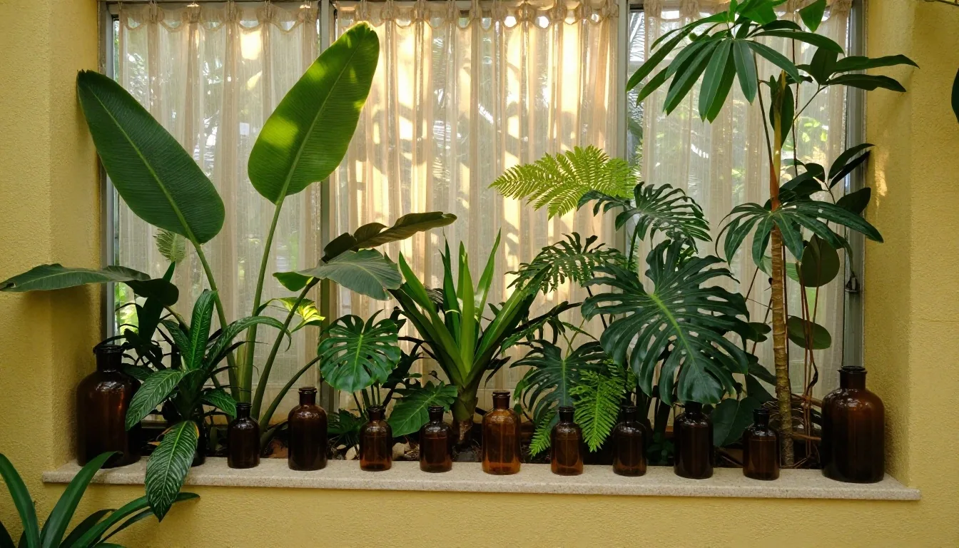 Botanical conservatory interior with amber glass jars on a plaster shelf